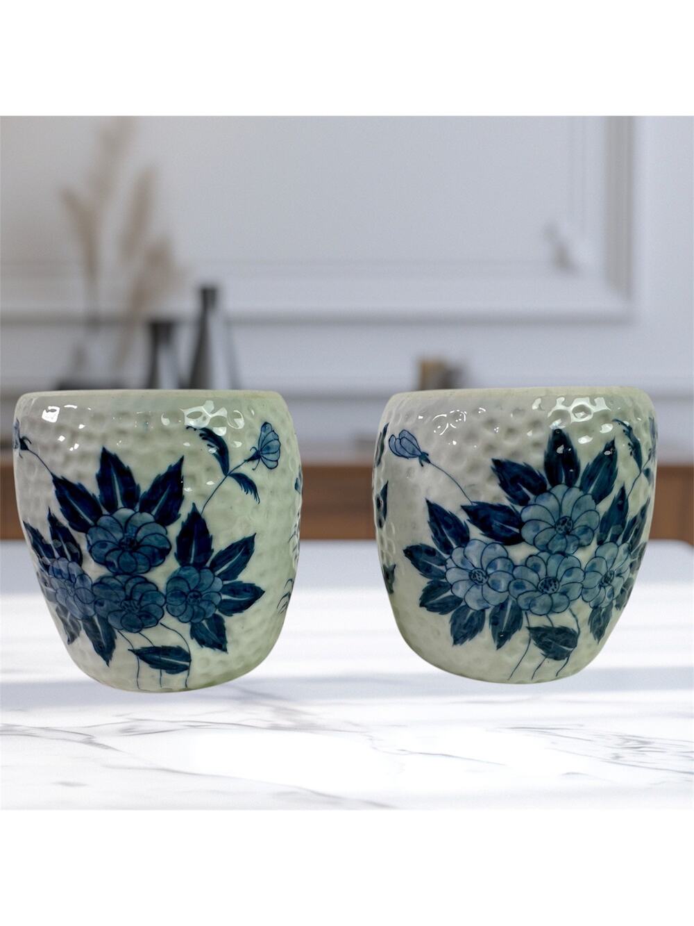 Set 2 Made in Thailand White Dimpled Pottery 4" Tall Vases Blue Flowers Lotus